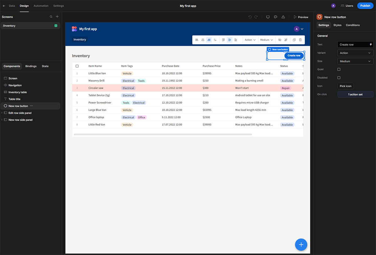 Aplikacja Budibase - szczegóły oferty hostingowej - Edytor wizualny drag-and-drop