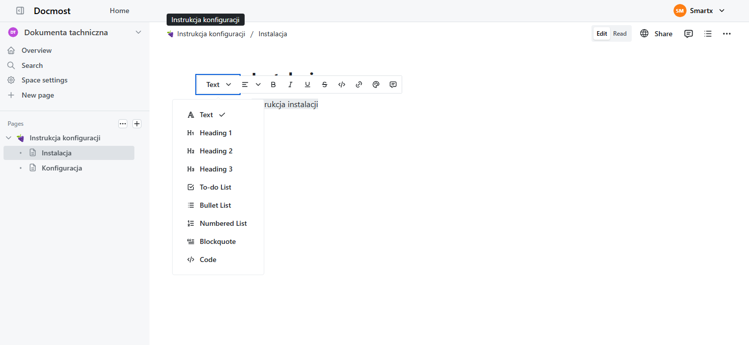 Aplikacja Docmost - szczegóły oferty hostingowej - Foldery i przestrzenie robocze