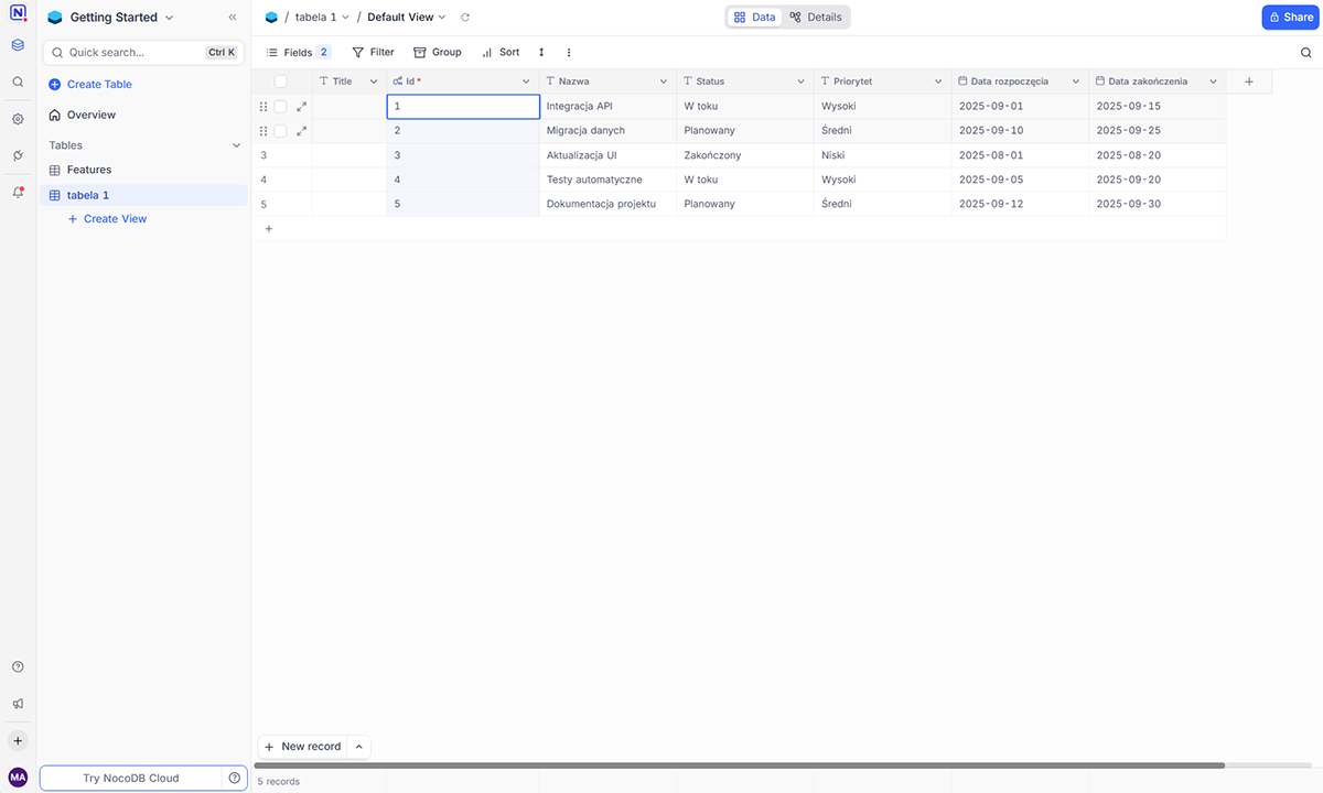 Aplikacja NocoDB - szczegóły oferty hostingowej - Przeglądanie i edycja danych w NocoDB