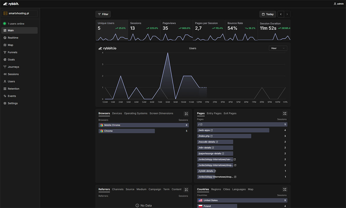 Aplikacja Rybbit - szczegóły oferty hostingowej - Kluczowe statystyki w jednym miejscu